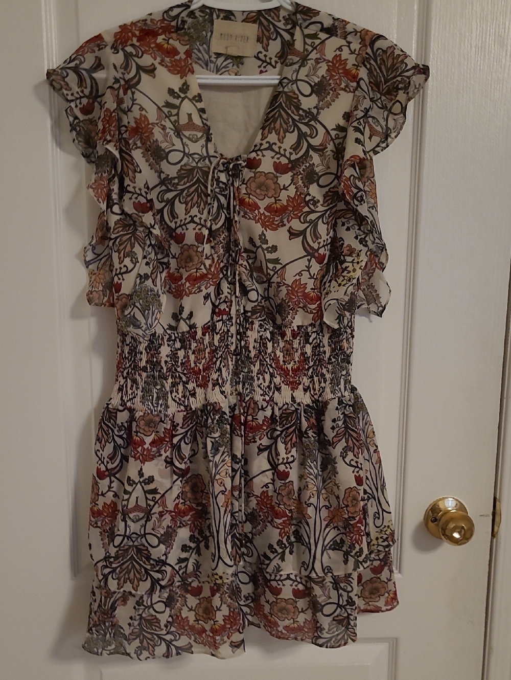 Moon River Cream Floral Print Tie-Front Dress